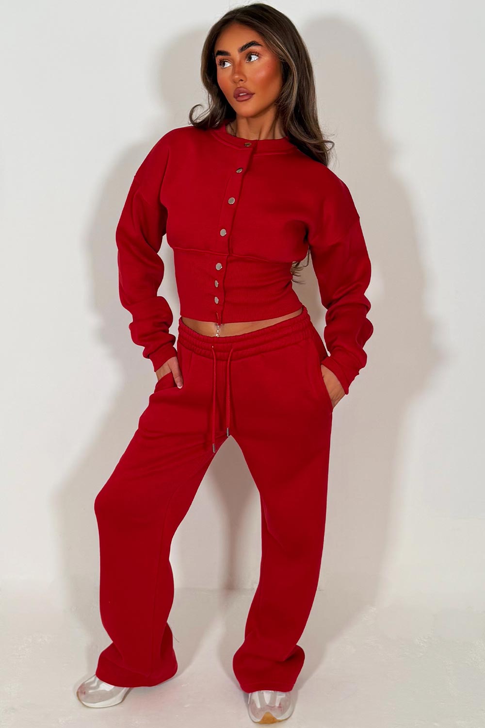 Button Up Corset Sweatshirt Co-Ord – Red Jogger Tracksuit Set