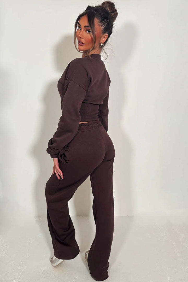 Button Up Corset Sweatshirt Co-Ord – Brown Jogger Tracksuit Set