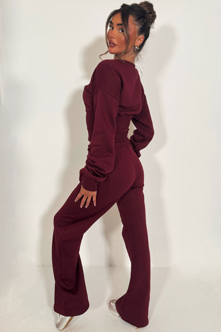 Button Up Corset Sweatshirt Co-Ord – Burgundy Jogger Tracksuit Set