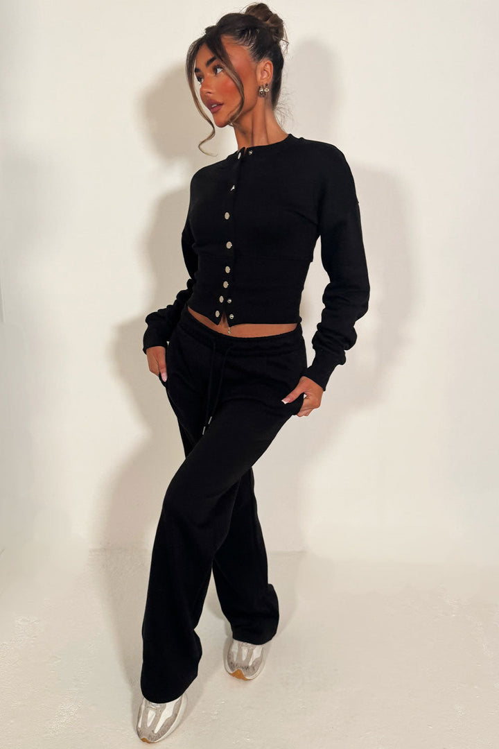 Button Up Corset Sweatshirt Co-Ord – Black Jogger Tracksuit Set