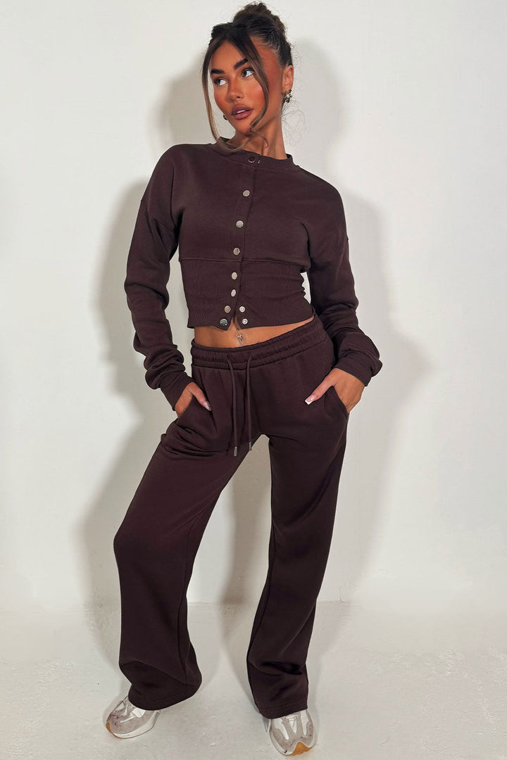 Button Up Corset Sweatshirt Co-Ord – Brown Jogger Tracksuit Set