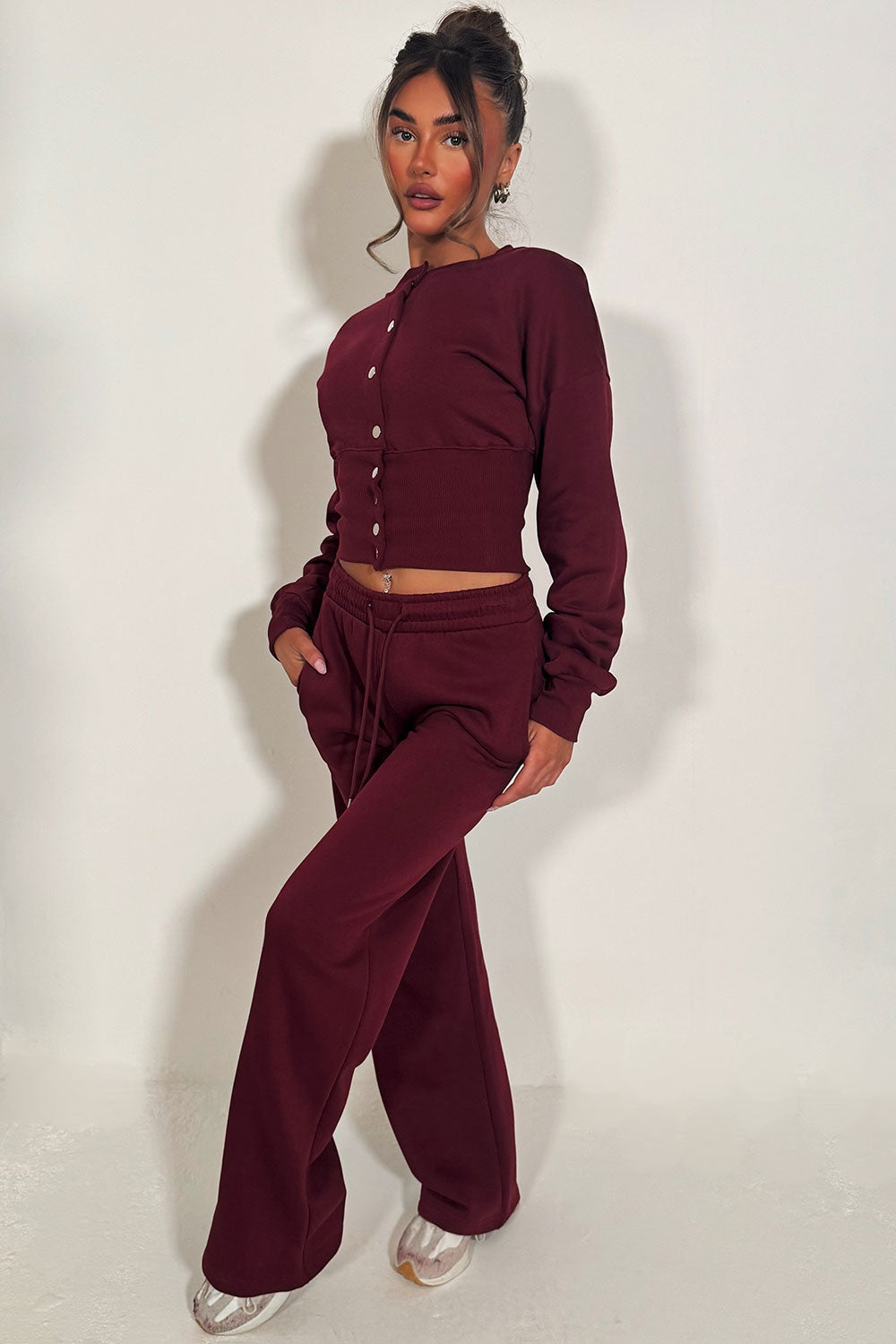 Button Up Corset Sweatshirt Co-Ord – Burgundy Jogger Tracksuit Set