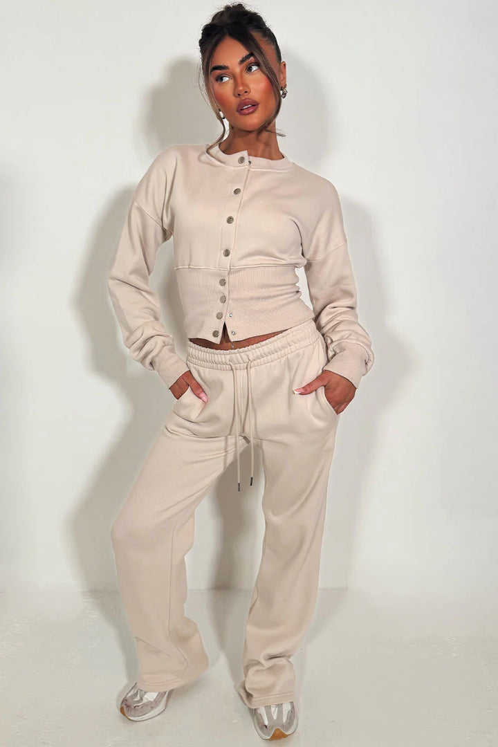 Button Up Corset Sweatshirt Co-Ord – Oatmeal Jogger Tracksuit Set