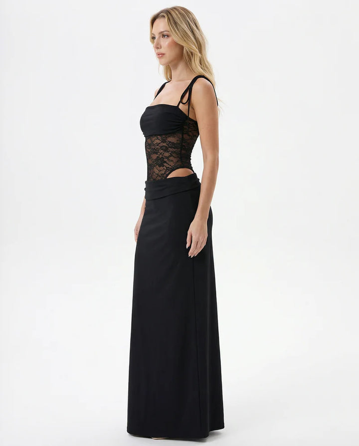 Lace Panel Maxi Dress – Sheer Waist Cutout Bodycon Evening Gown | Elegant Fit
