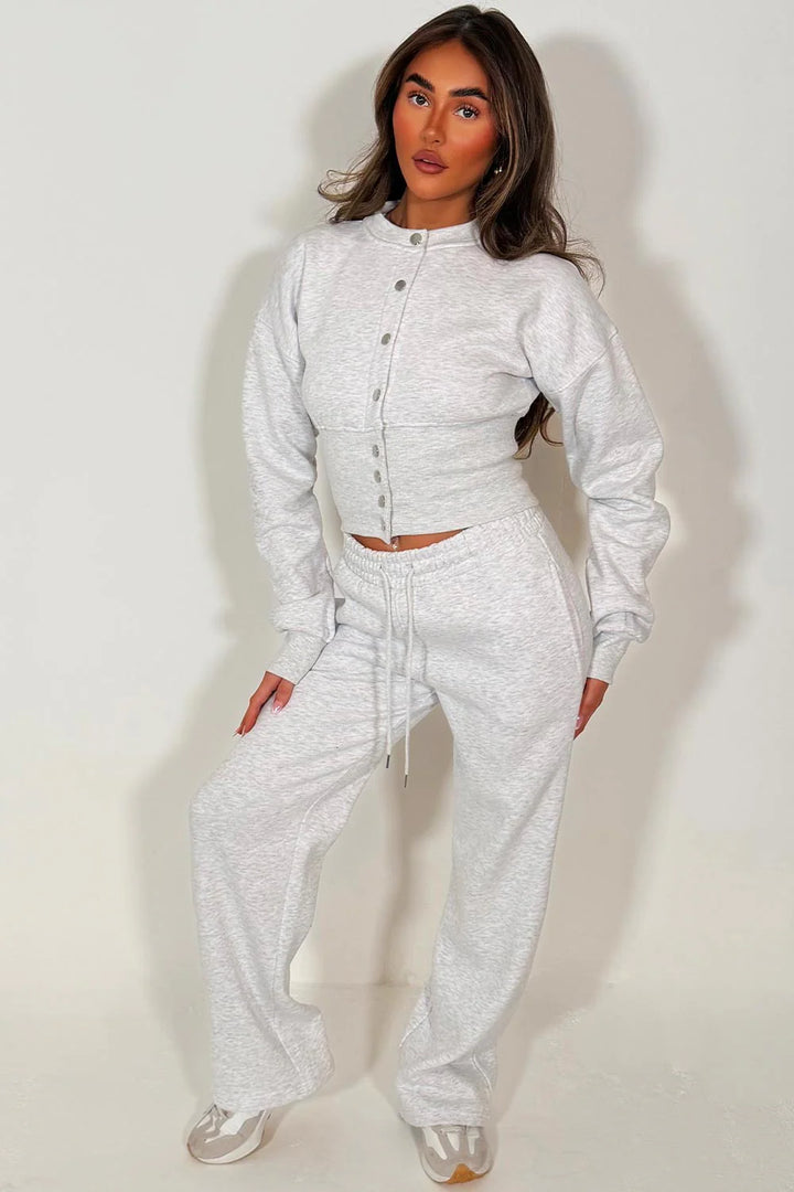 Button Up Corset Sweatshirt Co-Ord – Grey Marl Jogger Tracksuit Set