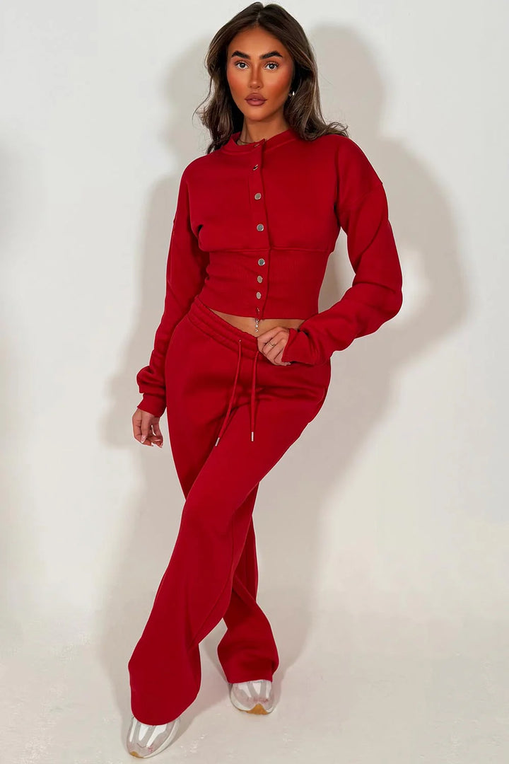 Button Up Corset Sweatshirt Co-Ord – Red Jogger Tracksuit Set
