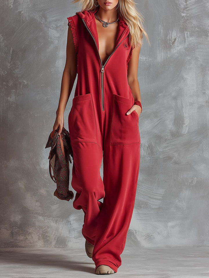 Sporty Hooded Cotton Jumpsuit – Retro V-Neck Front Zipper Design