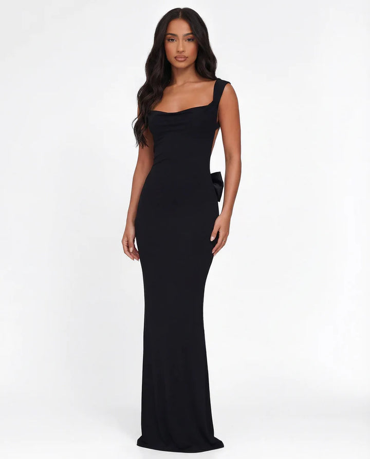 Backless Bow Maxi Dress – Draped Neckline Evening Gown | Elegant Formal Look