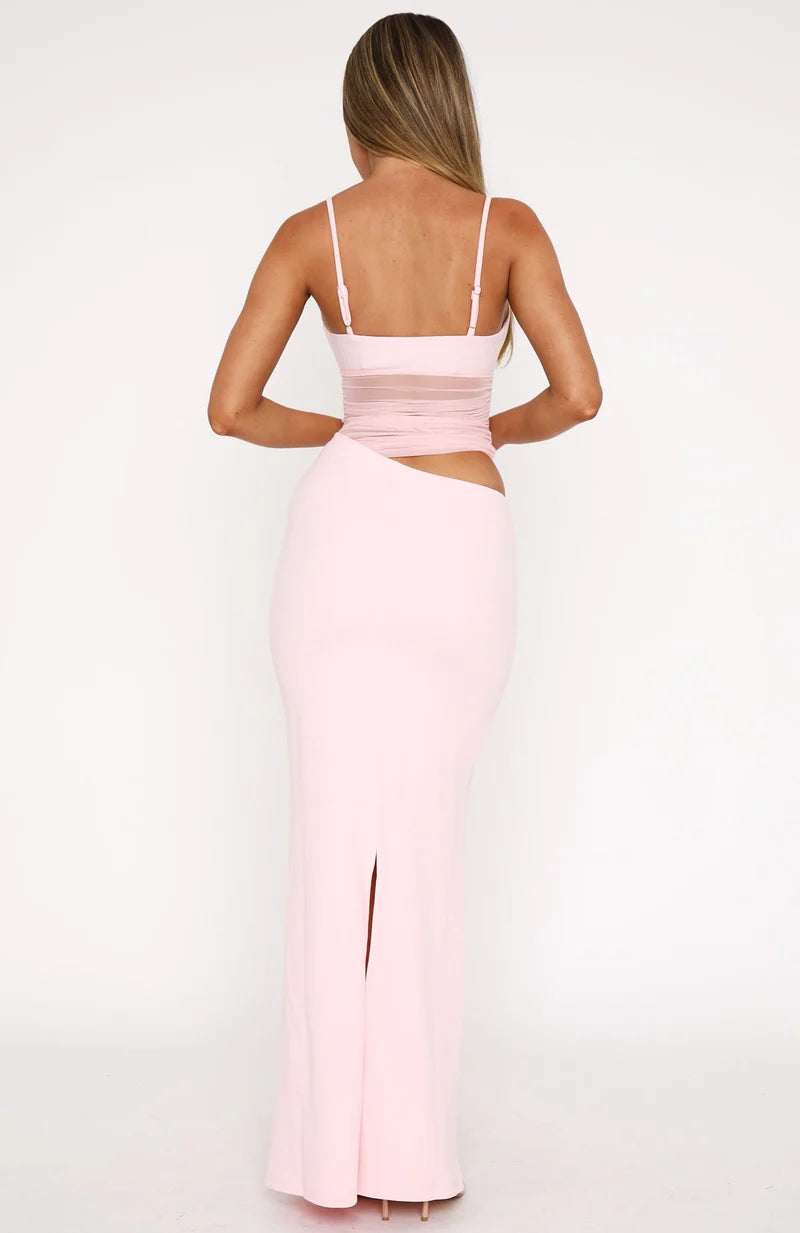 Mesh Panel Maxi Dress – Ruched Cutout Bodycon Evening Dress | Stretch Fit