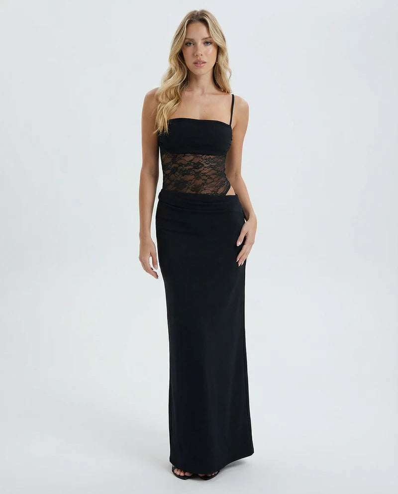 Lace Panel Maxi Dress – Sheer Waist Cutout Bodycon Evening Gown | Elegant Fit