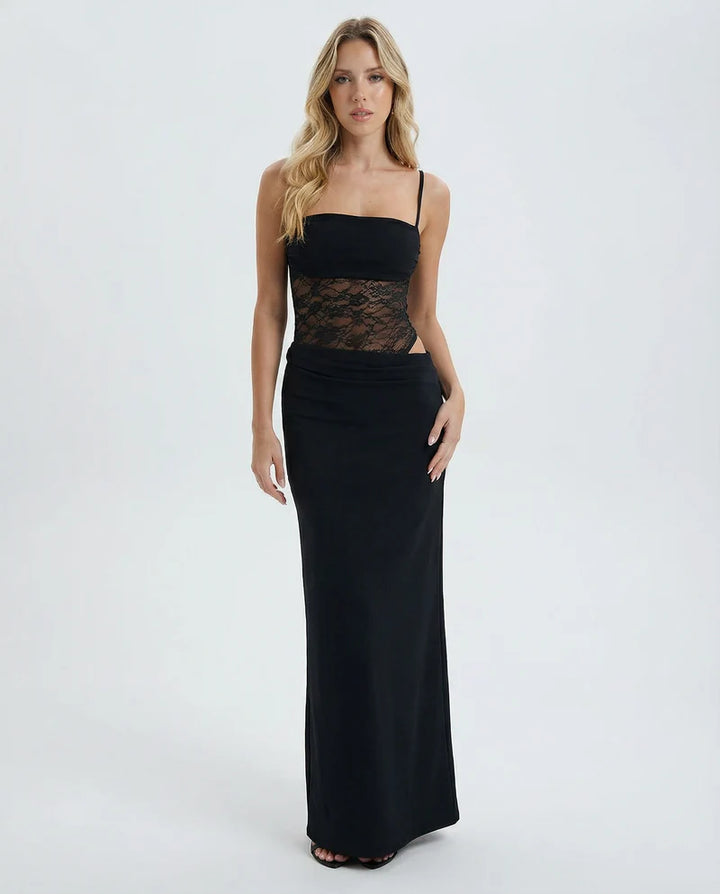 Lace Panel Maxi Dress – Sheer Waist Cutout Bodycon Evening Gown | Elegant Fit