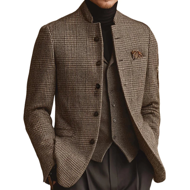 Men’s Tweed Plaid Jacket – Retro Stand Collar Button-Up Blazer Style