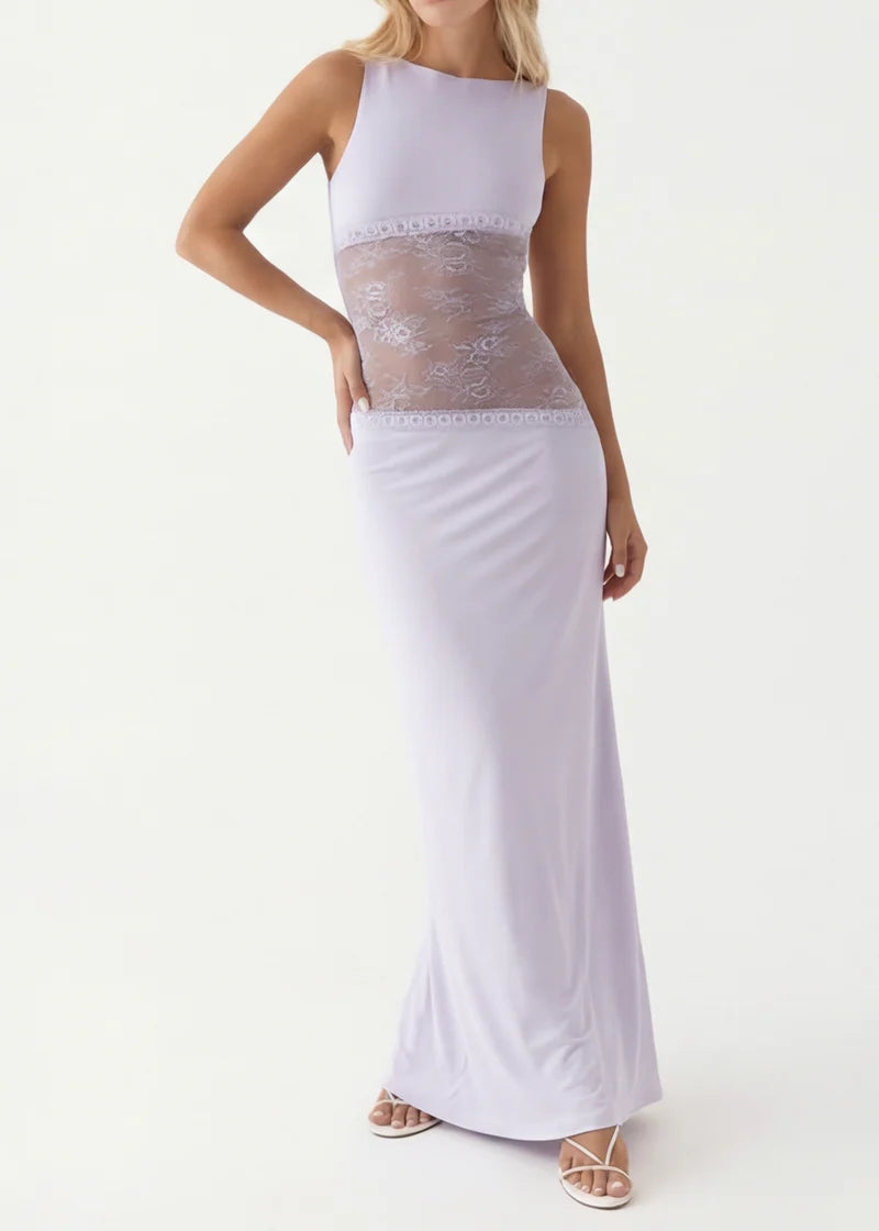 Lace Mesh Maxi Dress – Open Back Sheer Panel Evening Dress | Elegant Fit
