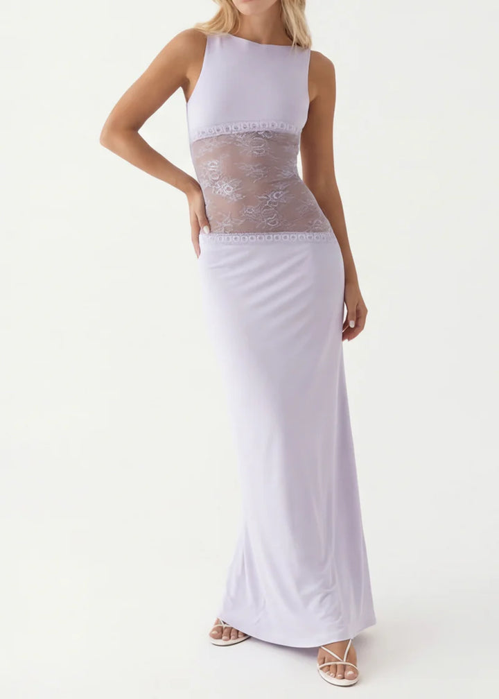 Lace Mesh Maxi Dress – Open Back Sheer Panel Evening Dress | Elegant Fit