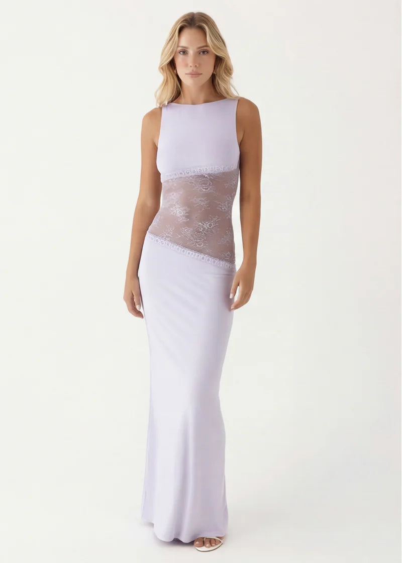 Lace Mesh Maxi Dress – Open Back Sheer Panel Evening Dress | Elegant Fit