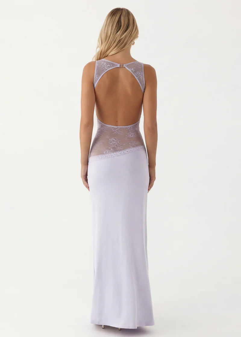 Lace Mesh Maxi Dress – Open Back Sheer Panel Evening Dress | Elegant Fit