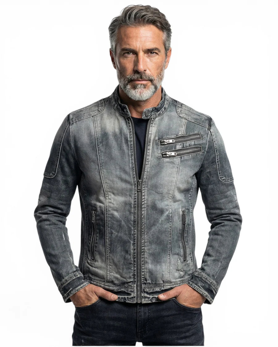 Denim Jacket – Vintage Washed Slim Fit Biker Style Casual Outerwear