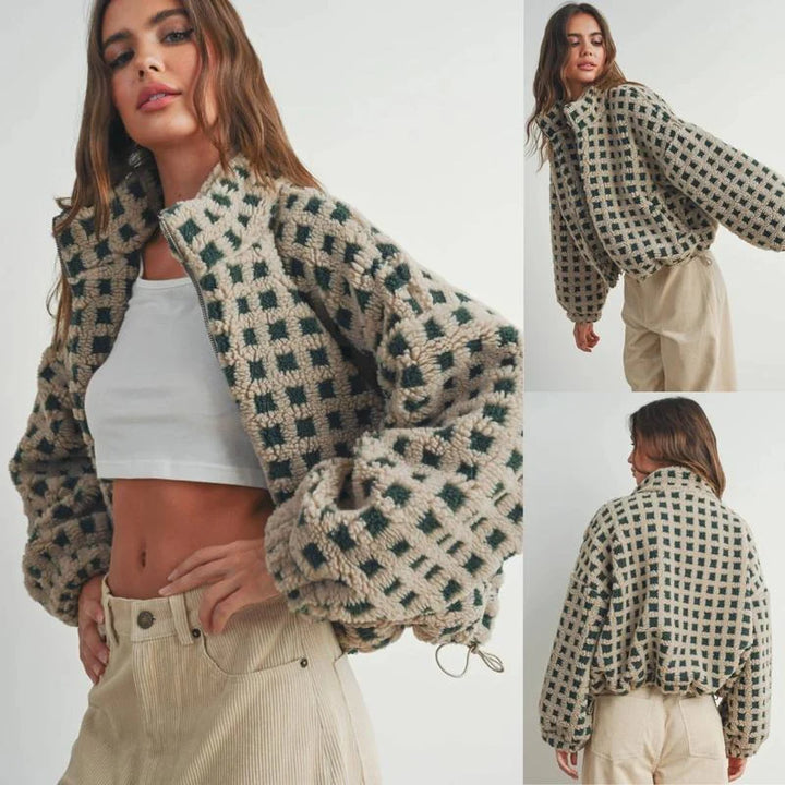 Check Fleece Jacket – Cropped Zip-Up Cozy Sherpa Style