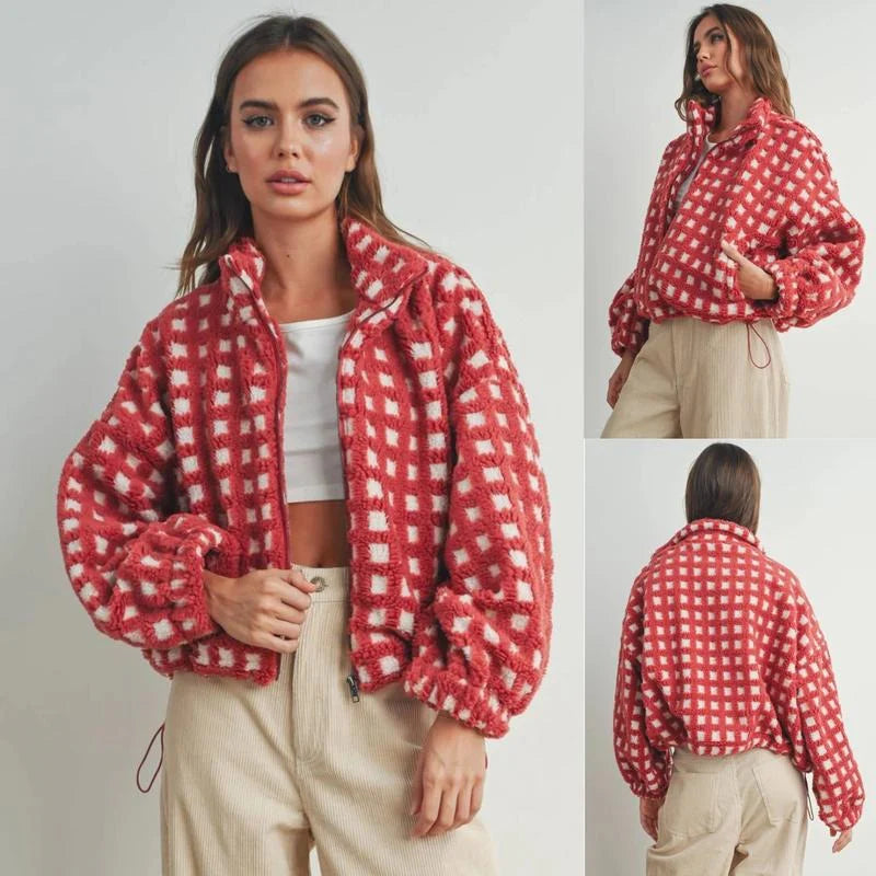 Check Fleece Jacket – Cropped Zip-Up Cozy Sherpa Style
