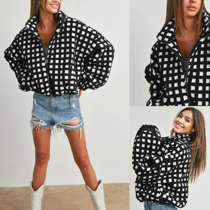 Check Fleece Jacket – Cropped Zip-Up Cozy Sherpa Style