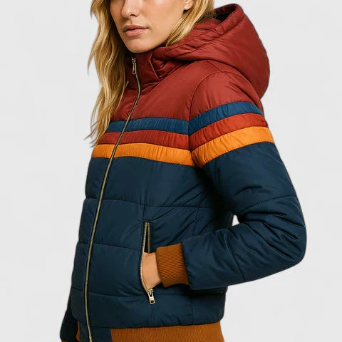 Comfortable Puffer Jacket – Hooded Colorblock Winter Coat with Zip Pockets