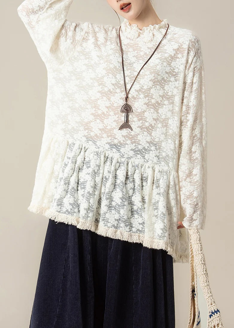 Embroidered Ruffled Lace Blouse – Handmade Vintage Spring Top