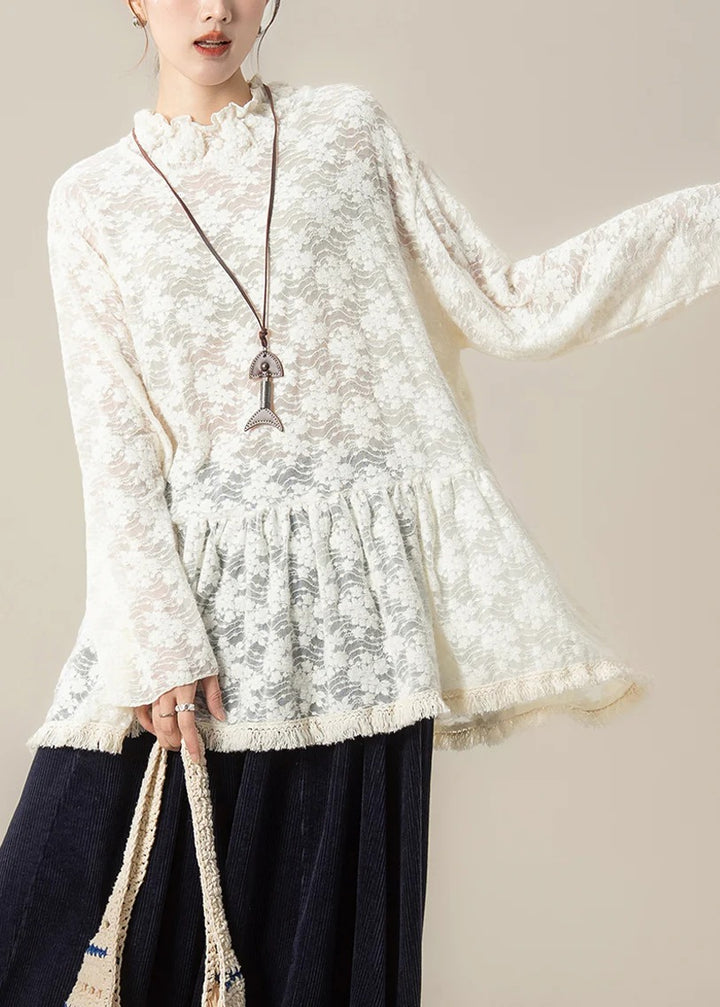 Embroidered Ruffled Lace Blouse – Handmade Vintage Spring Top