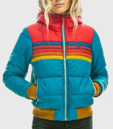Comfortable Puffer Jacket – Hooded Colorblock Winter Coat with Zip Pockets