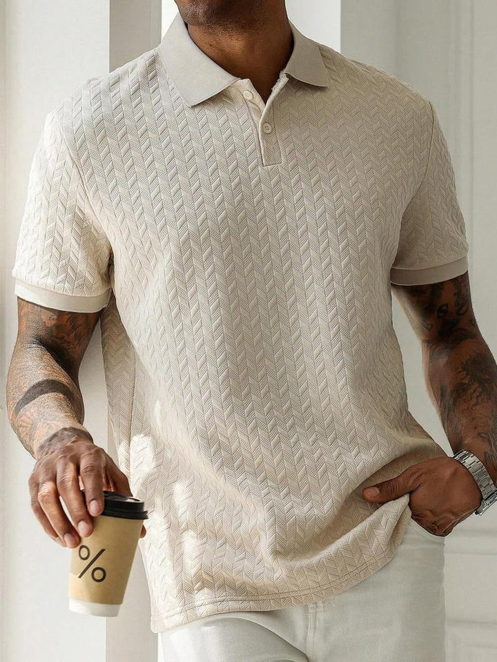 Jacquard Polo Shirt – Textured Knit Short Sleeve Top for Smart Casual Style