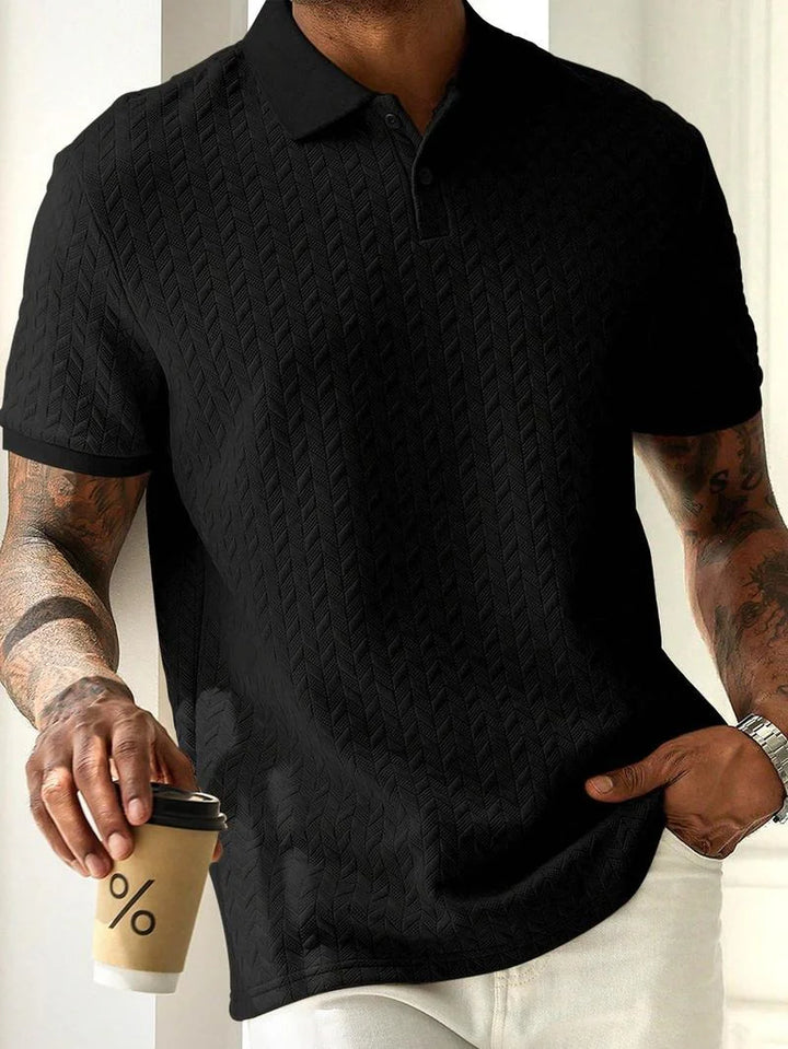 Jacquard Polo Shirt – Textured Knit Short Sleeve Top for Smart Casual Style