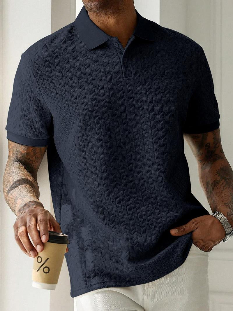 Jacquard Polo Shirt – Textured Knit Short Sleeve Top for Smart Casual Style