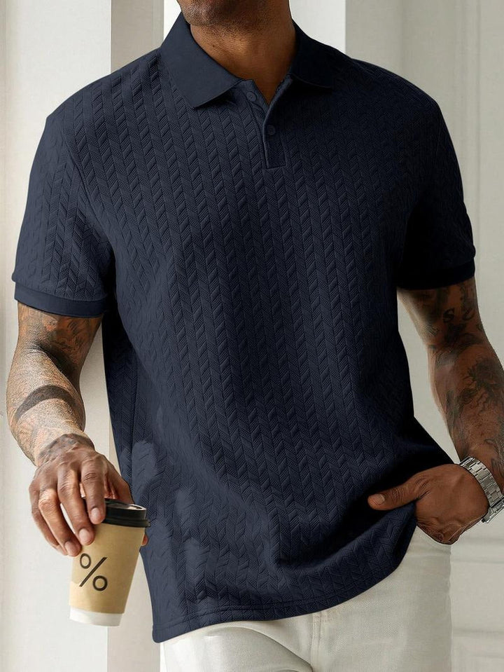 Jacquard Polo Shirt – Textured Knit Short Sleeve Top for Smart Casual Style