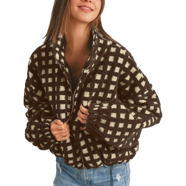 Check Fleece Jacket – Cropped Zip-Up Cozy Sherpa Style