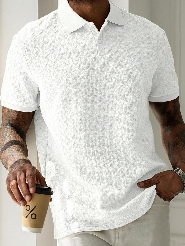 Jacquard Polo Shirt – Textured Knit Short Sleeve Top for Smart Casual Style