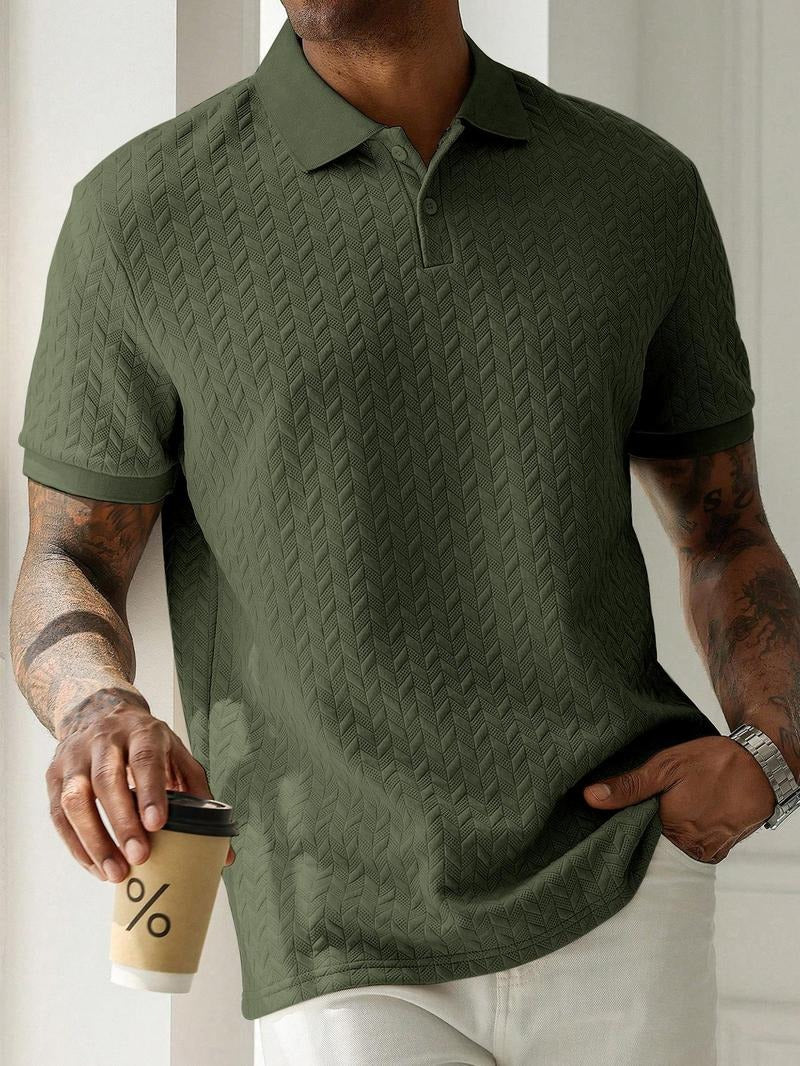 Jacquard Polo Shirt – Textured Knit Short Sleeve Top for Smart Casual Style