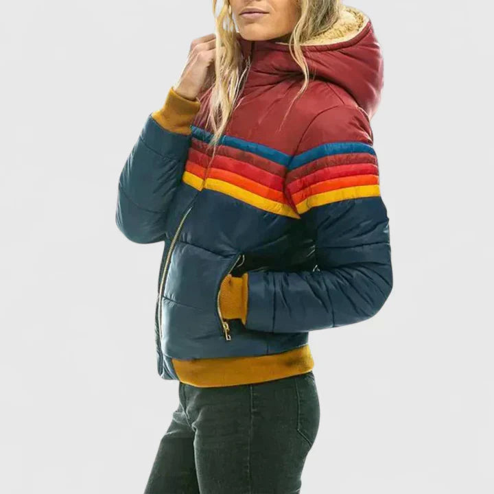Comfortable Puffer Jacket – Hooded Colorblock Winter Coat with Zip Pockets