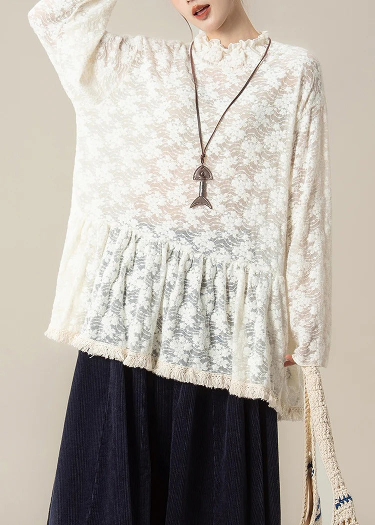 Embroidered Ruffled Lace Blouse – Handmade Vintage Spring Top