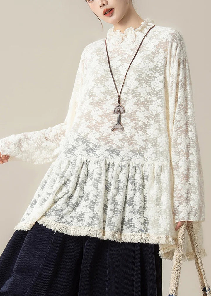 Embroidered Ruffled Lace Blouse – Handmade Vintage Spring Top