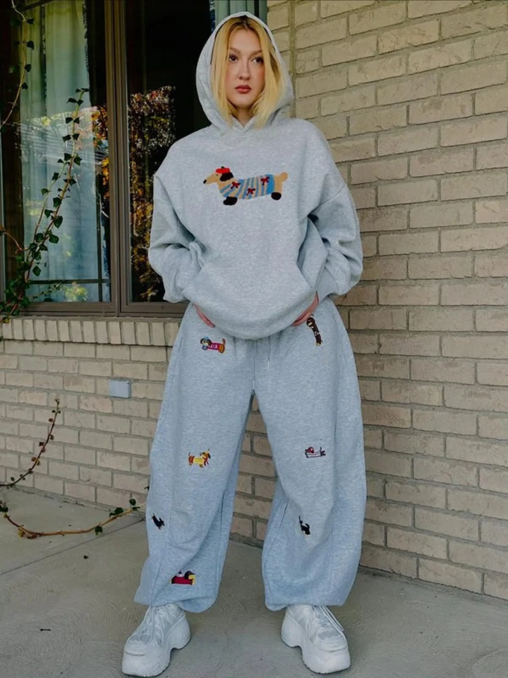 Embroidered Pup Sweatpants – Barrel-Leg Cozy Lounge Fit
