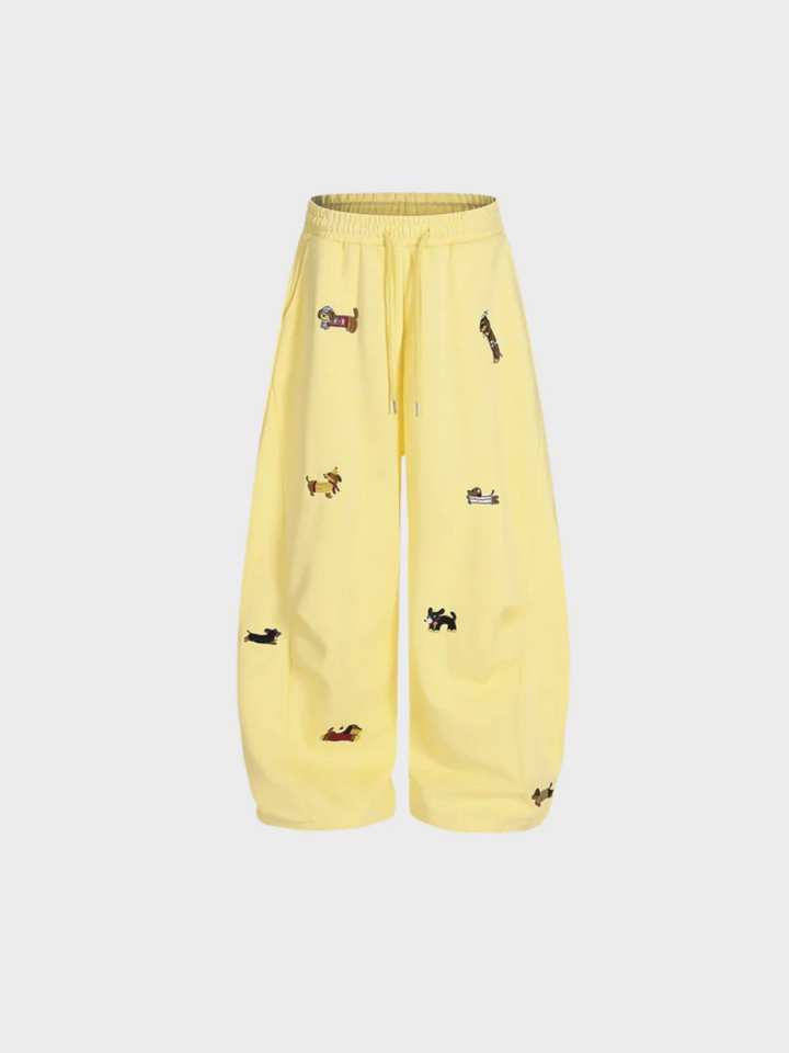 Embroidered Pup Sweatpants – Barrel-Leg Cozy Lounge Fit