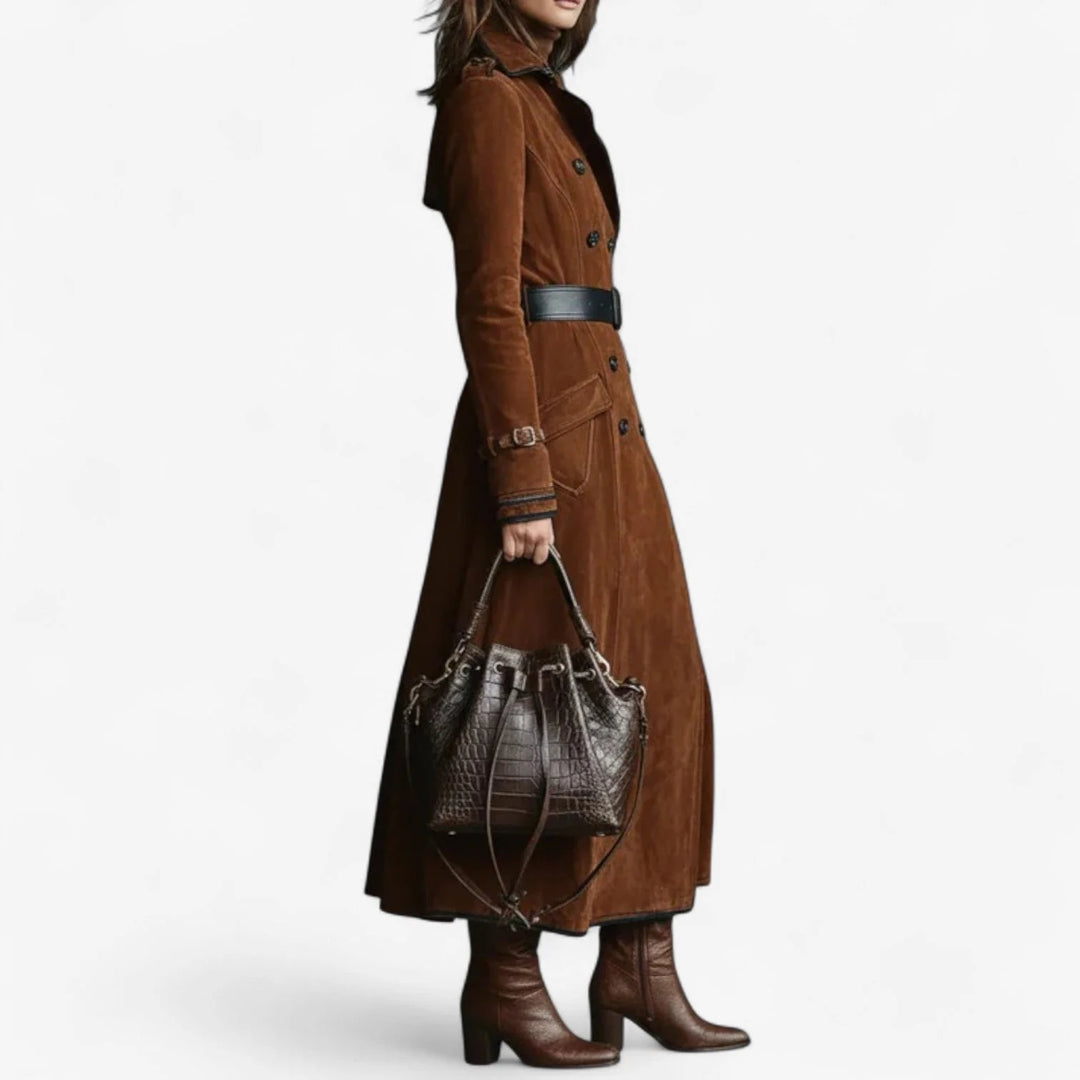 Suede Trench Coat – Long Tailored Double-Button Winter Outerwear