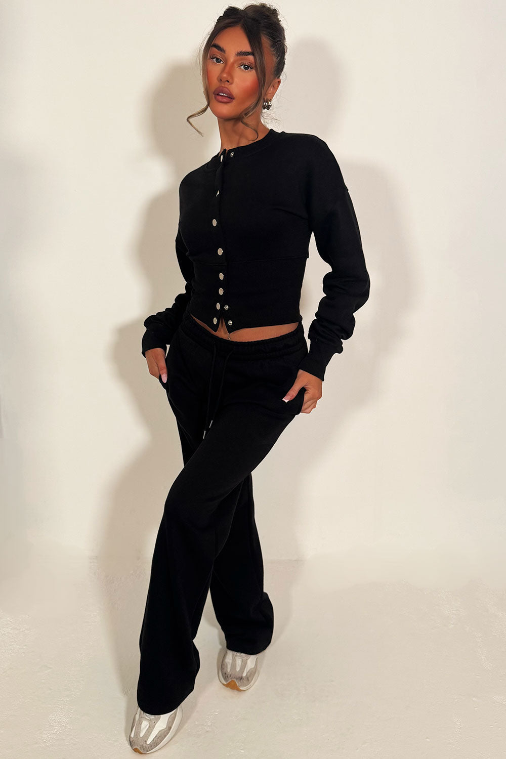 Button Up Corset Sweatshirt Co-Ord – Black Jogger Tracksuit Set