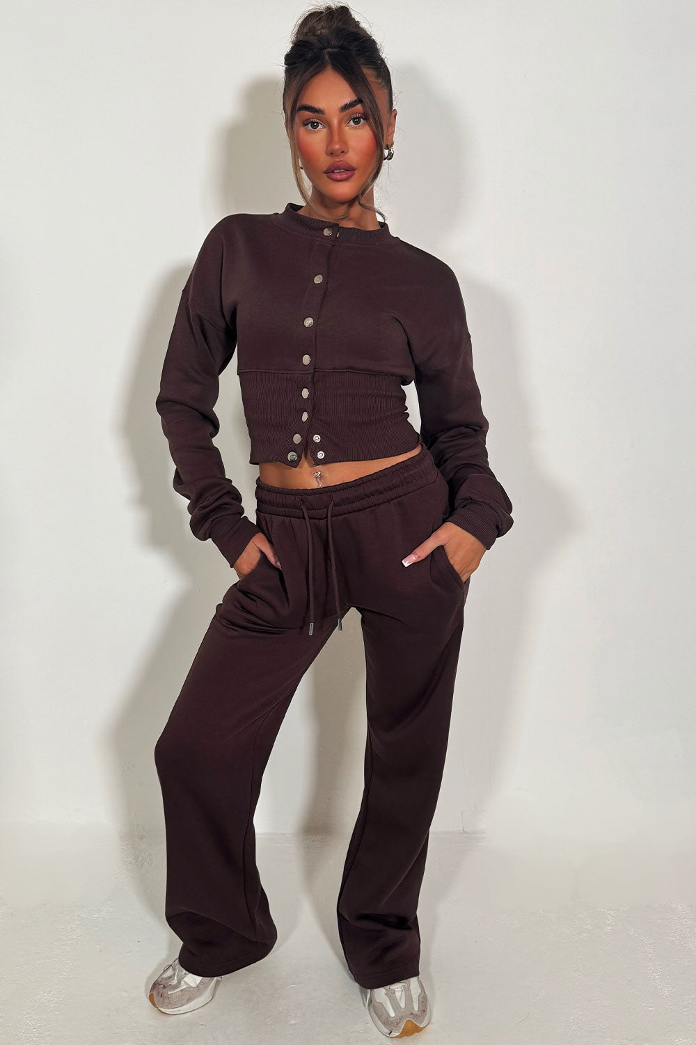 Button Up Corset Sweatshirt Co-Ord – Brown Jogger Tracksuit Set