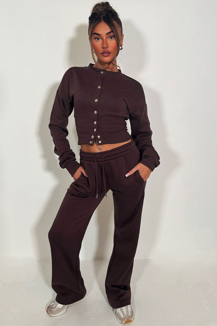 Button Up Corset Sweatshirt Co-Ord – Brown Jogger Tracksuit Set
