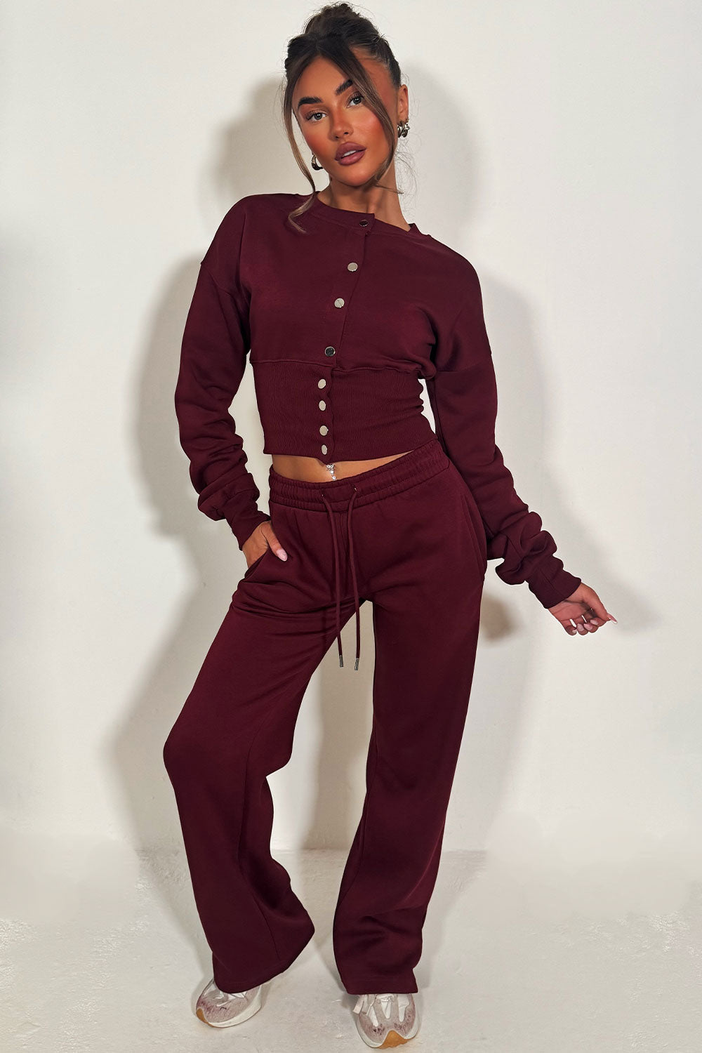 Button Up Corset Sweatshirt Co-Ord – Burgundy Jogger Tracksuit Set
