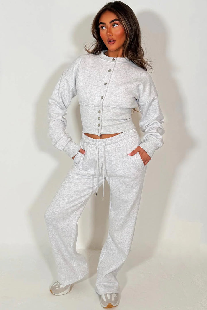 Button Up Corset Sweatshirt Co-Ord – Grey Marl Jogger Tracksuit Set