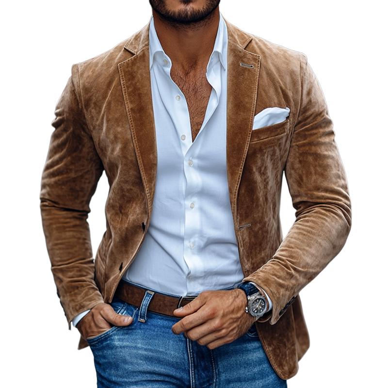 Men’s Suede Casual Blazer – Solid Two-Button Notch Lapel Smart Jacket