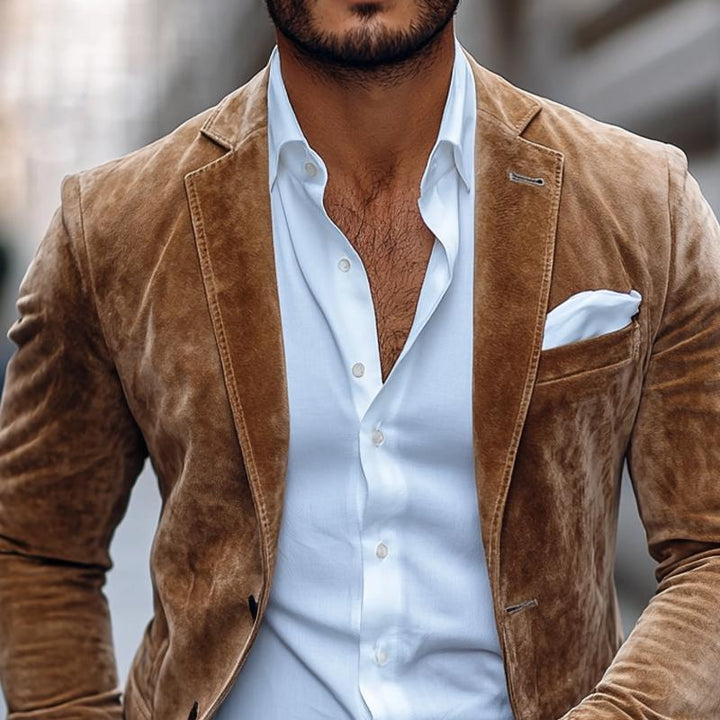 Men’s Suede Casual Blazer – Solid Two-Button Notch Lapel Smart Jacket