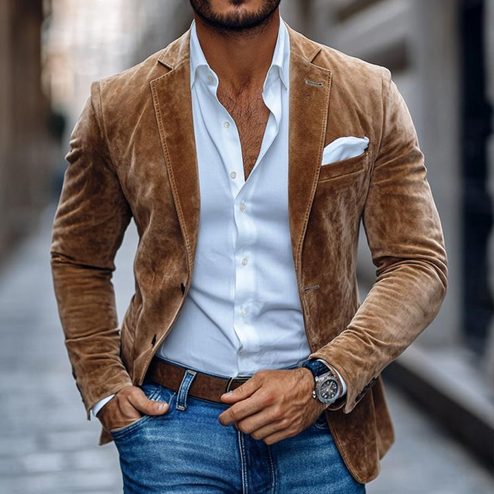 Men’s Suede Casual Blazer – Solid Two-Button Notch Lapel Smart Jacket