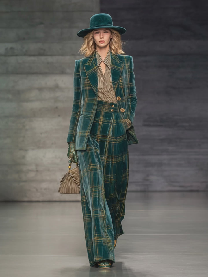 Green Plaid Velvet Blazer Set – High Waist Wide Leg Pants Outfit for Women